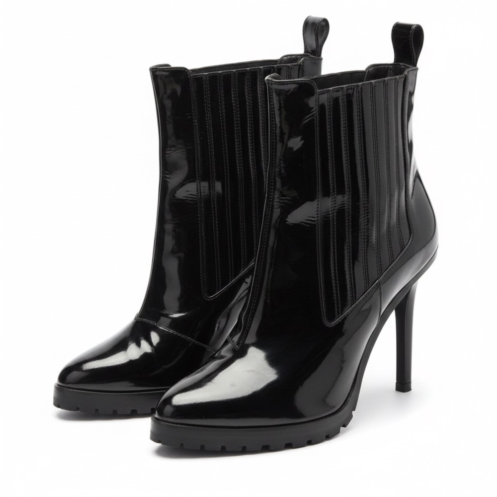 KARL LAGERFELD Paris Black Patent Leather Stiletto Booties Lug Sole 39 (8.5)